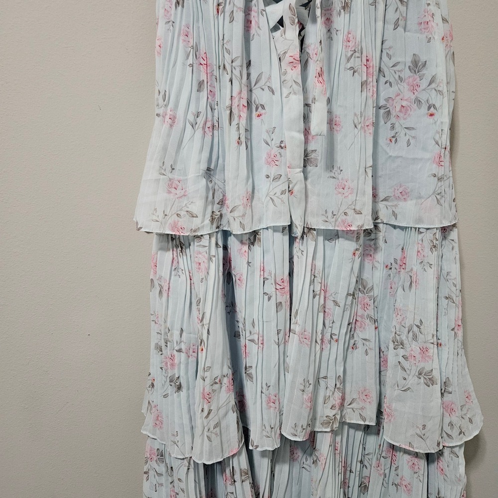 Lulus Light Blue Floral Tiered Lace Up Back Strapless Maxi Dress Gown - Picture 8 of 10